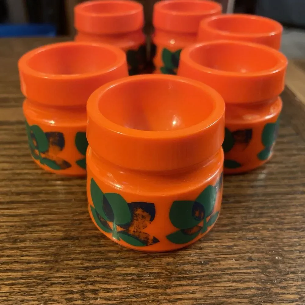 6 Vintage Plastic Egg Cups Mid Century Bright Orange Groovy Floral